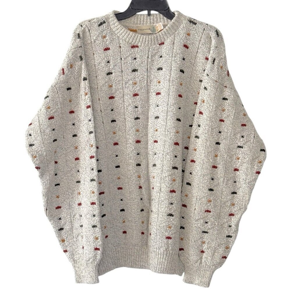 Vintage 90s Fieldmaster Cable Knit Sweater Cotton USA‎ Stripe Beige Dad Grandpa